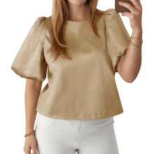 Womens Satin Silk Blouses Puff Short Sleeve Dressy-apricot S