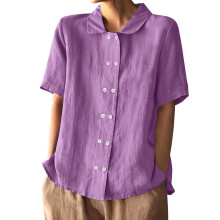 Women's Double Button Shirts Short Sleeve Lapel-Lavender XXL