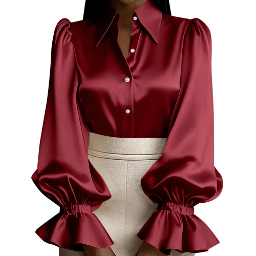 Women's Satin Collared Button Front Puff Sleeve-Burgundy XXL