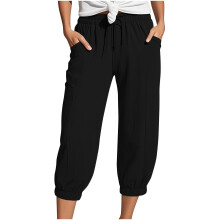 Womens Capri Pants Elastic Waist Casual Summer Stretch-Black M