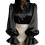 Women's Satin Collared Button Front Puff Sleeve Ruffled-Black M 1