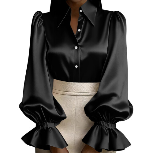Women's Satin Collared Button Front Puff Sleeve Ruffled-Black M