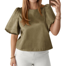Womens Satin Silk Blouses Puff Short Sleeve Dressy-Amy Green S