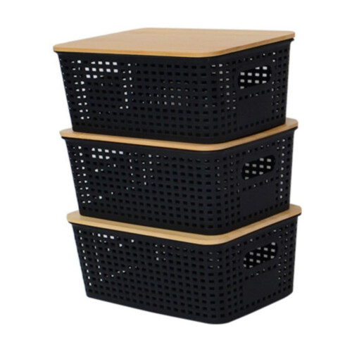 3-Piece Stackable Plastic Storage Boxes with Lids, Grey, 4