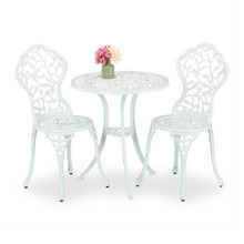 Bistro-Set aus weißem Metall - Tisch und 2 Stühle, Blattmuster
