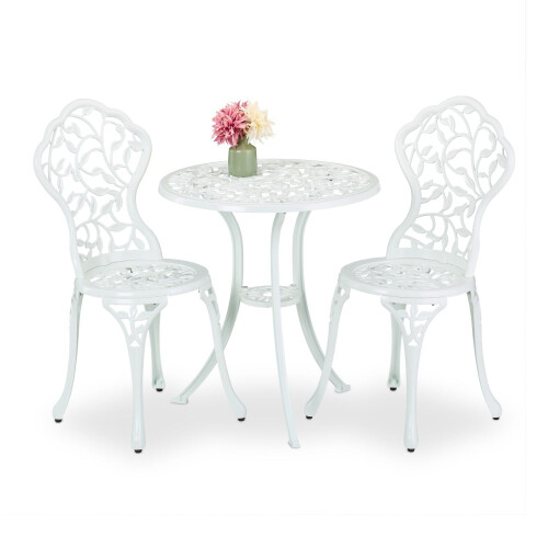 White Metal Bistro Set - Table & 2 Chairs, Leaf Pattern