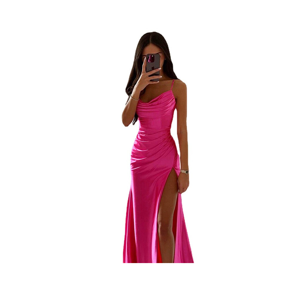 (Rose red, XL) 2026 spring new style tube top gathered slit satin dress skirt-image-OPC-PTMFRBQ-NEW