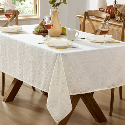 Newbridge Ivory Fall Leaves Damask Tablecloth 60 x 84 in