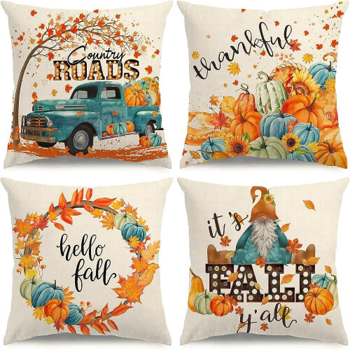 Housse de coussin automne en coton et lin 45 x 45 cm