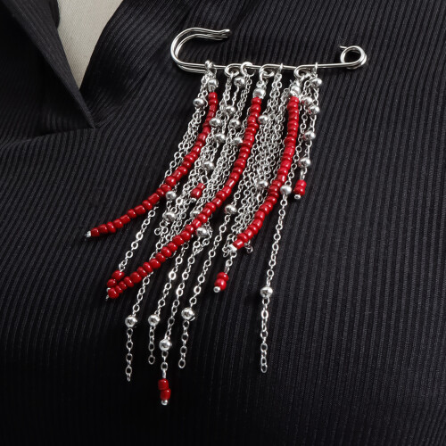 Multi Chain Retro Brooch Featuring Red Beads and Tassels Elegant 1