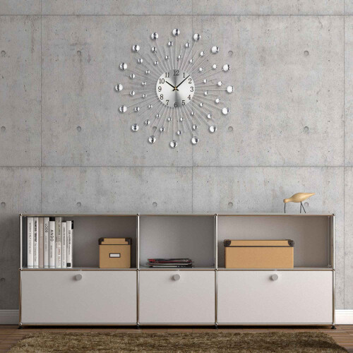 Silver Wall Clock with Glittering Stones, 50cm Diameter 1