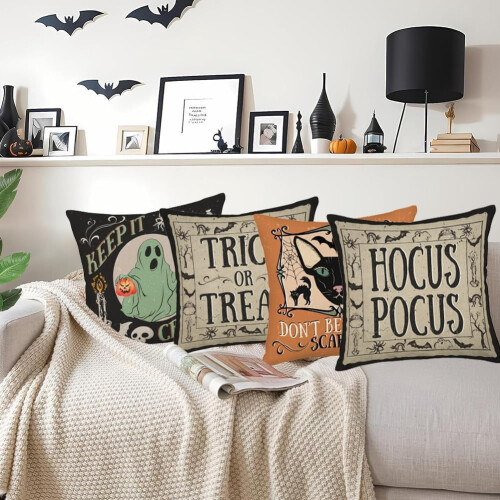 Conjunto de 4 capas de almofada de Halloween em algodão e linho, 50x50cm (20x20 polegadas). 1