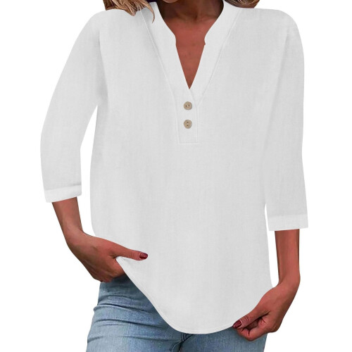 Women's cotton and linen shirt, solid color,-White L