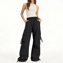 Women High Waisted Cargo Pants Casual Wide Leg-Black M