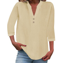 Women's cotton and linen shirt, solid color,-Beige XXXL