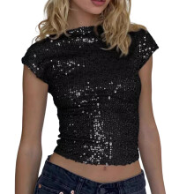 Stylish Round Neck Short Sleeve Backless Sequins-Black XL