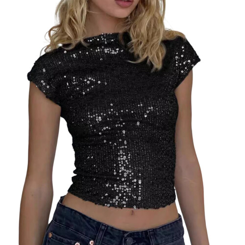 Stylish Round Neck Short Sleeve Backless Sequins-Black XL