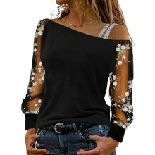 Women's Floral Mesh Puff Long Sleeve-black white sleeves S