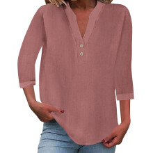 Women's cotton and linen shirt, solid color,-Pink S