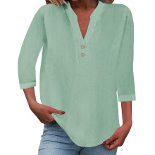 Women's cotton and linen shirt, solid color,-light green XXXL