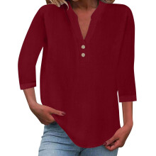Women's cotton and linen shirt, solid color,-Burgundy XL