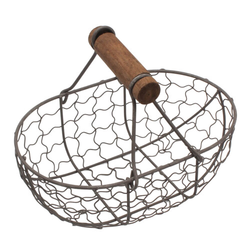 Vintage Chicken Wire Egg Basket with Wooden Handle