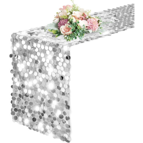 Silver Sequin Table Runner 30 x 275 cm