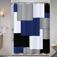Linen Shower Curtain with Hooks – Navy Blue, Waterproof,