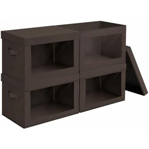 Collapsible Fabric Storage Bin with Clear Window, Brown,