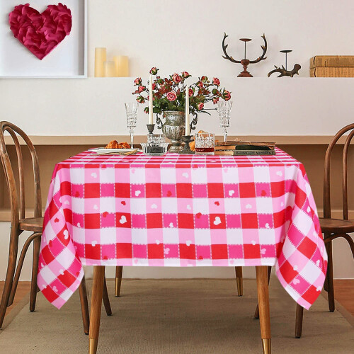 Red & White Heart Pattern Polyester Tablecloth 60 x 120 in 1