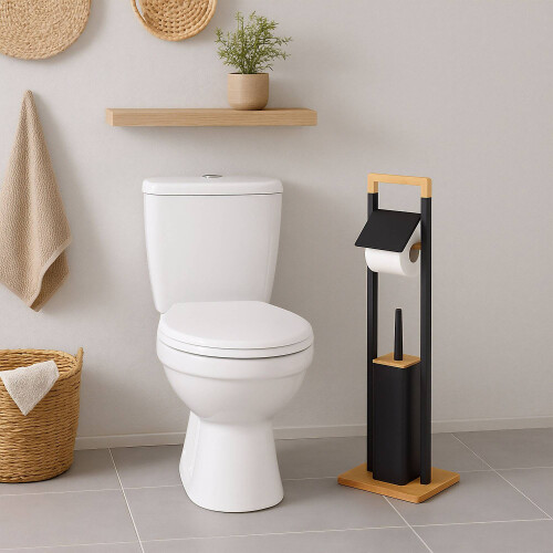 Set da bagno in bambù con scopino e supporto per WC 1