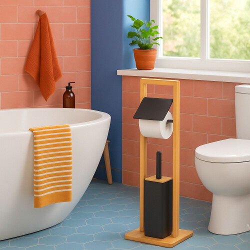 Set da bagno in bambù con scopino e supporto per WC 2