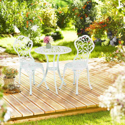 White Metal Bistro Set - Table & 2 Chairs, Leaf Pattern 1