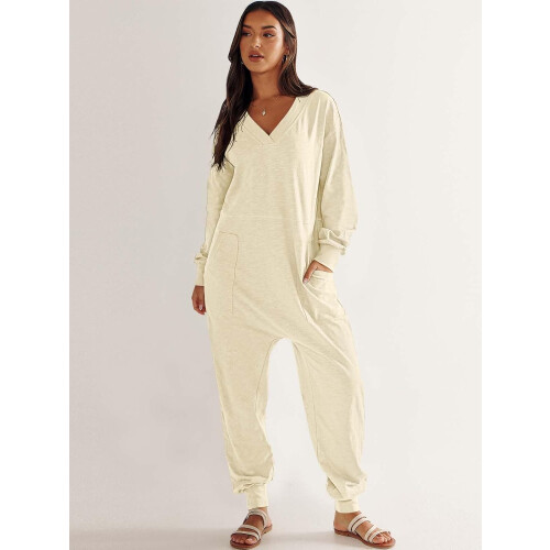 Tuta intera da donna ampia con scollo a V e maniche lunghe in rayon 1