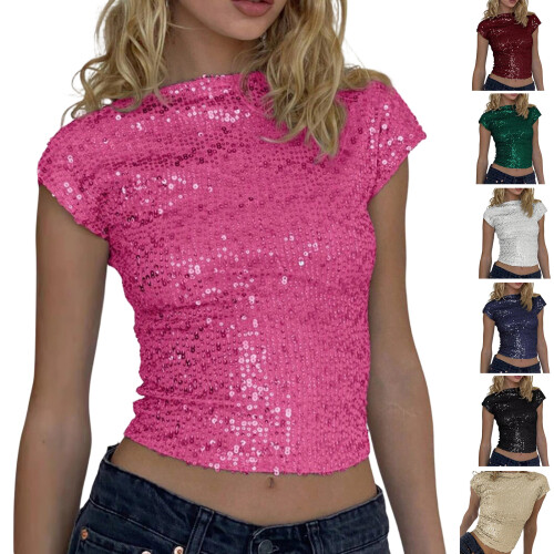 Stylish Round Neck Short Sleeve Backless Sequins-Black XL 2