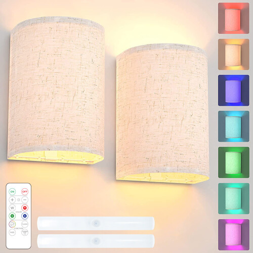 2-Pack LED Wall Sconces with Linen Shade and Remote