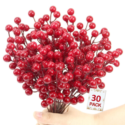 30-Piece Artificial Red Holly Berry Stems, 20cm
