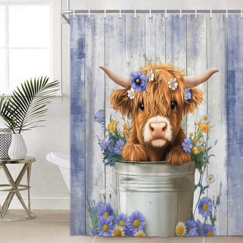 Κουρτίνα μπάνιου Highland Cow Farmhouse Μπλε Μωβ Φλοράλ
