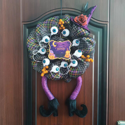 LED Halloween Wreath60x38cm Purple Light Witch Decor 1