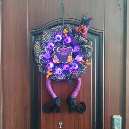LED Halloween Wreath60x38cm Purple Light Witch Decor 2