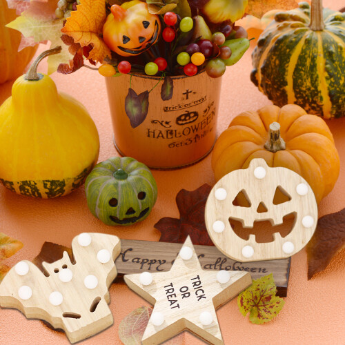 Enfeite de Halloween de madeira com LED – Morcego, Estrela, Abóbora – 1