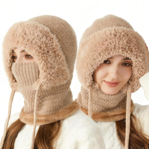 Πλεκτό καπέλο Beanie 3 σε 1 για γυναίκες, αντιανεμικό χειμερινό καπέλο