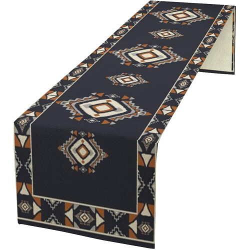 Linen Table Runner 13 x 90 in Deep Blue & White Geometric