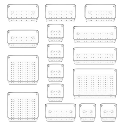 Set di organizer per cassetti in plastica trasparente, 24x24x12 cm, 16 pezzi