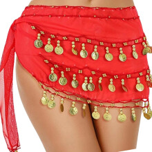 Contemporary Chiffon Hip Wrap With Jingling Coins Perfect-Red