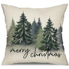 Christmas Pillow Cover 16x16 Faux Linen Rustic Forest Print
