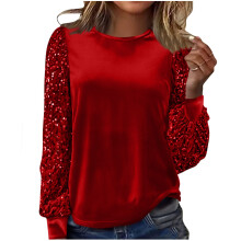 Women's Elegant Round Neck Shirt Long Sleeve Loose Long-Red L