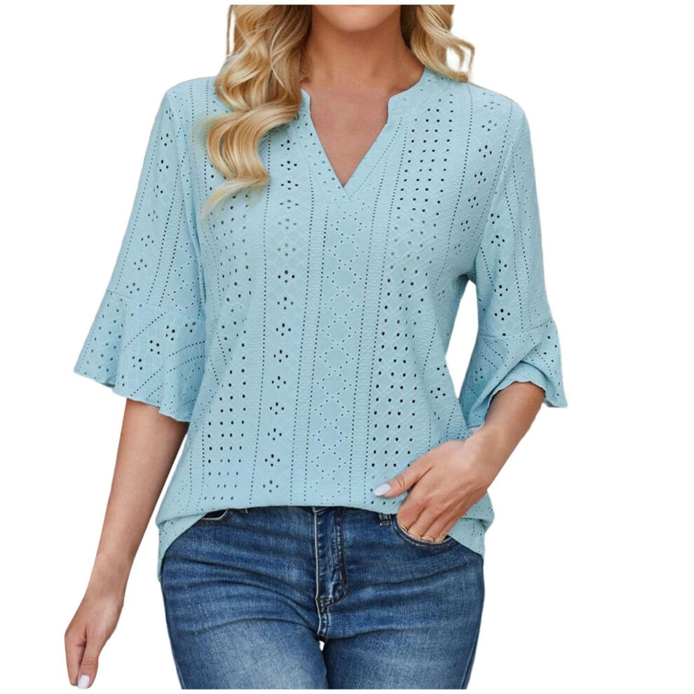 Blue Womens Casual Blouses Shirts V Neck Trendy Business- Xl