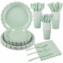 Sage Green Party Set 350 Pcs: Plates, Cups, Napkins, Cutlery