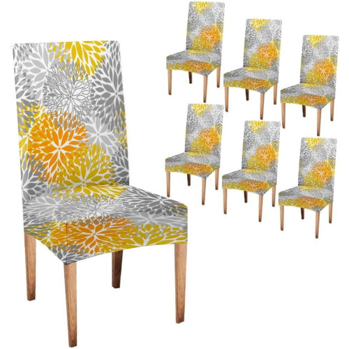 Grey & Yellow Dining Chair Covers – 6-Pack, Chrysanthemum